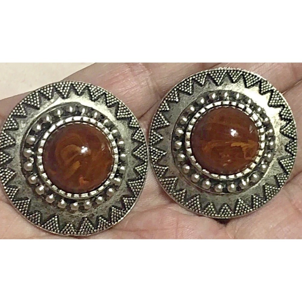 RJ Graziano Round ClipOn Earrings Amber Cabochon Silver Tone Signed Vintage